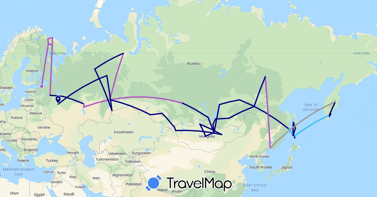 TravelMap itinerary: driving, plane, train, boat in Mongolia, Russia (Asia, Europe)